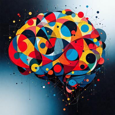 The primary subject of the image is a close-up of a brain, which is the main object, scene, or focus of the image. The setting is a blue background, and the visual style is a digital art or illustration. The dominant colors are red, blue, and yellow, creating a vibrant and lively atmosphere.